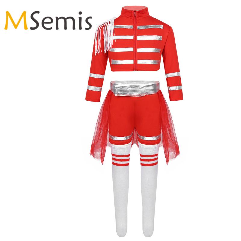

Kids Girls Cheerleading School Uniform Costume Outfit Cheerleading Crop Top with Shorts Mesh Skirt Socks Set Cheerleader Costume