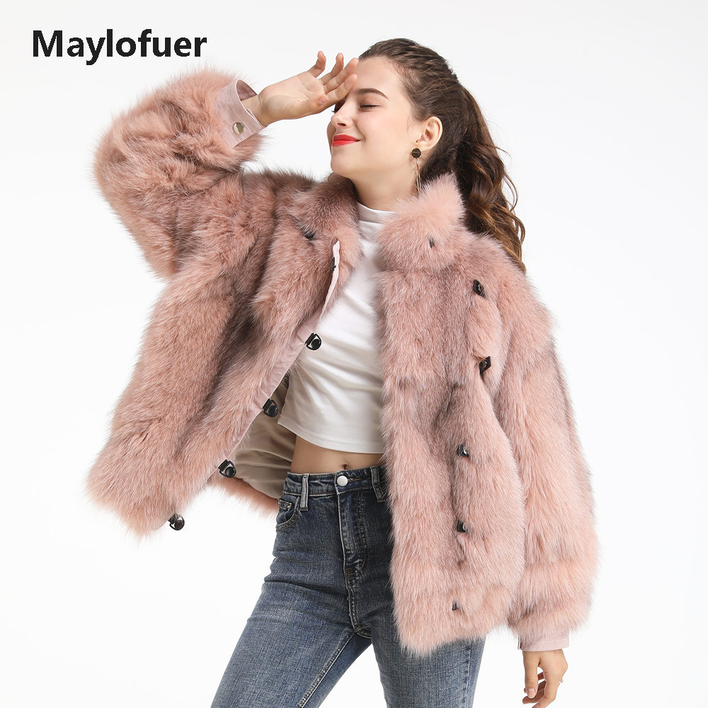 

Maylofuer New Real Fox Fur Coat with Button Oversize Style, Pink