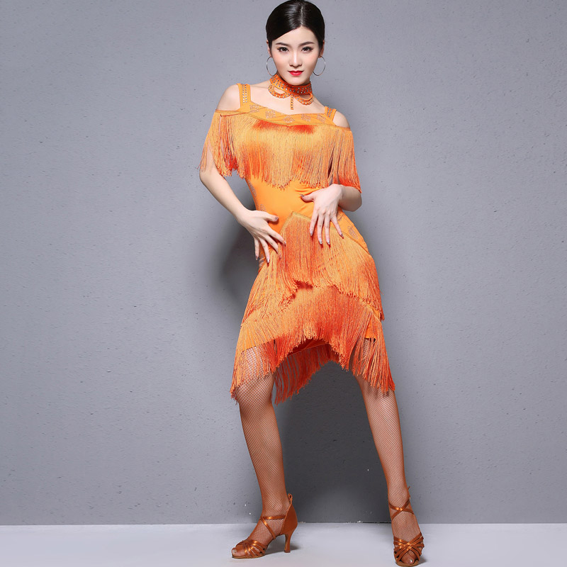 

Latin Dance Costume Ballroom Dance Dresses Blue/Red/Orange/Black Fringe Dress For Women Rumba/Tango Performance Clothes DQL1221