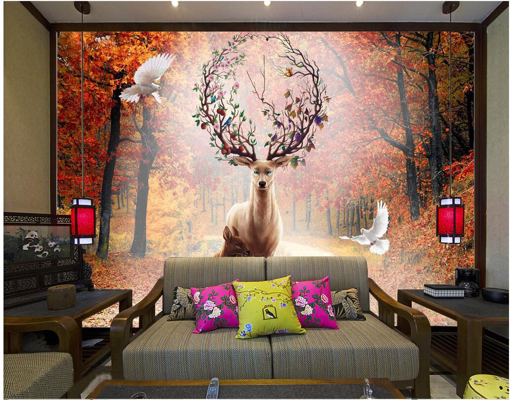 

3d wallpaper custom photo mural Elk Maple Leaf Forest tv background living room home decor 3d wall murals wallpaper for walls 3 d, Non-woven