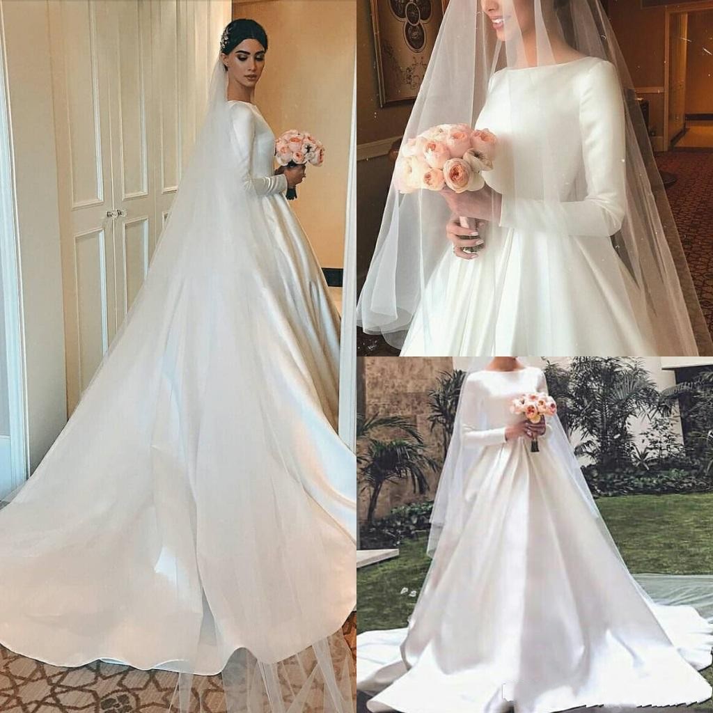

Muslim Long Sleeves Satin Wedding Dresses 2020 Button Back A-Line Simple Bridal Gowns Sweep Train Scoop Customized Vestidos de novia, Champagne