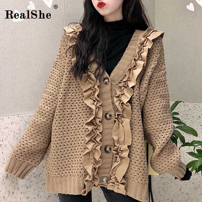 

RealShe Ruffles Knitted Sweater Cardigan V-neck Long Sleeve Buttons Solid Female Sweater Spring Casual Elegant Women Cardigan, Coffee sweater