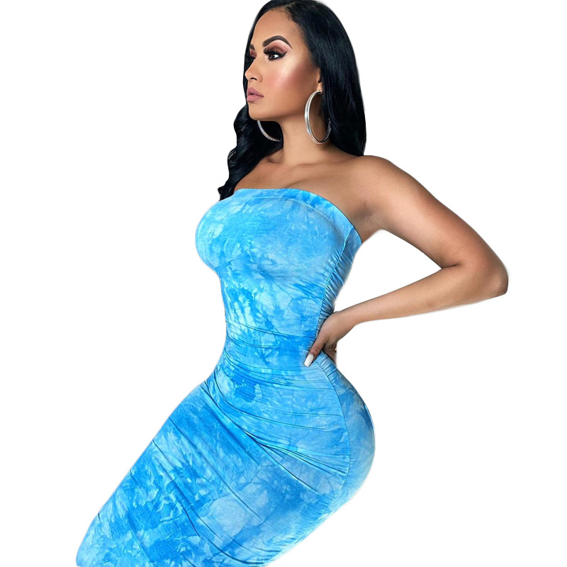 

Womens Tie Dye Ruched Strapless Maxi Dresses Sexy Tube Top Bandeau Skinny Bodycon Clubwear Party Maxi Dress Female Vestidos, Blue