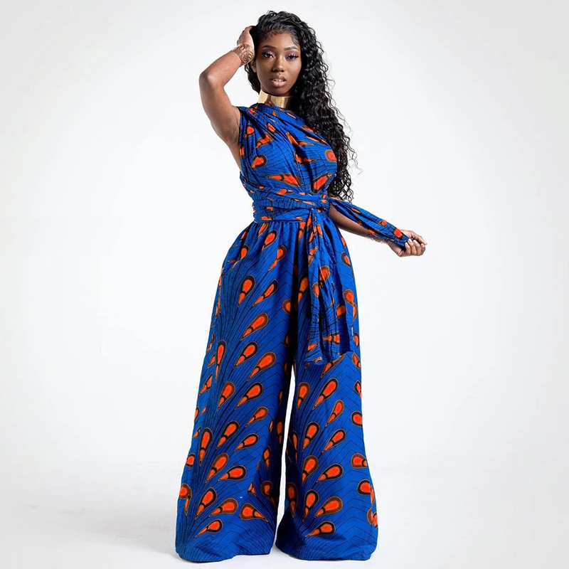

Siskakia Womens Dashiki Pants & Jumpsuits Spring Summer 2020 Feather Print African Clothing Sexy Casual Flared Pants Jumpsuit, Blue jumpsuit