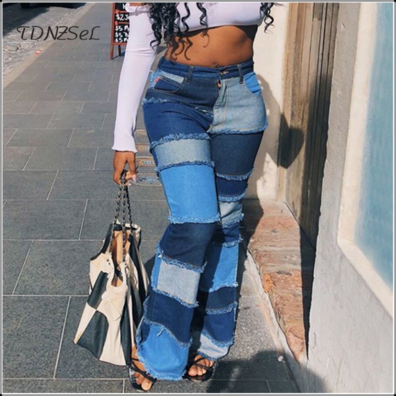 

2020 Women Distressed Beggar Patchwork Jeans Vintage Washed Denim Flare Pants Female Wide Leg Trousers Outfit Streetwear Jeans, Blue