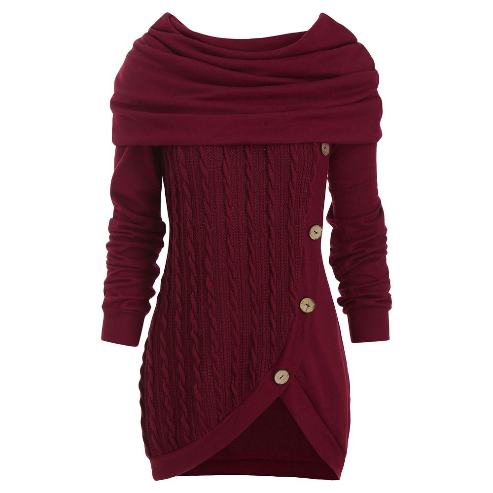

Women Autumn Cowl Neck Cable Knit Tunic Knitwear Button Hooded Sweater Ladies Long Tops Daily Pullovers, Blue ivy