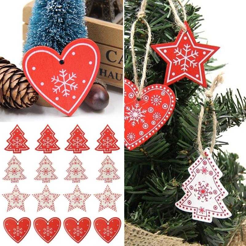 

ABFY-16PCS Mixed DIY White&Red Tree/Heart/Star Wooden Ornaments For Christmas Party Xmas Tree Ornaments Kids Decorations Gifts