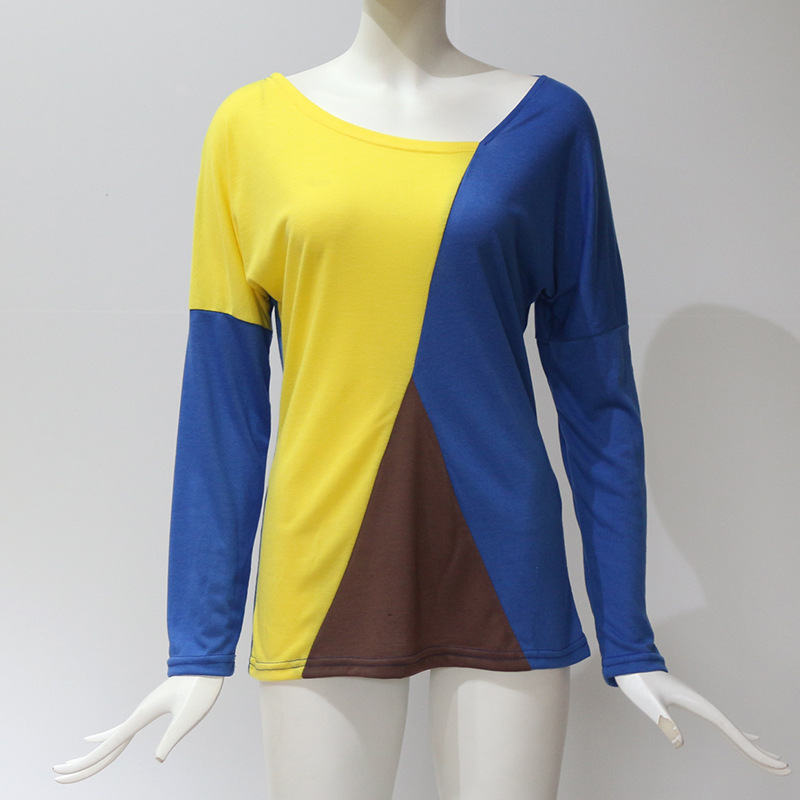 

2020 Women Color Block Long Sleeve Casual T-Shirts 2019 Spring Round Neck Patchwork Slim Fit Tops Tee Cotton T-Shirt, 2#