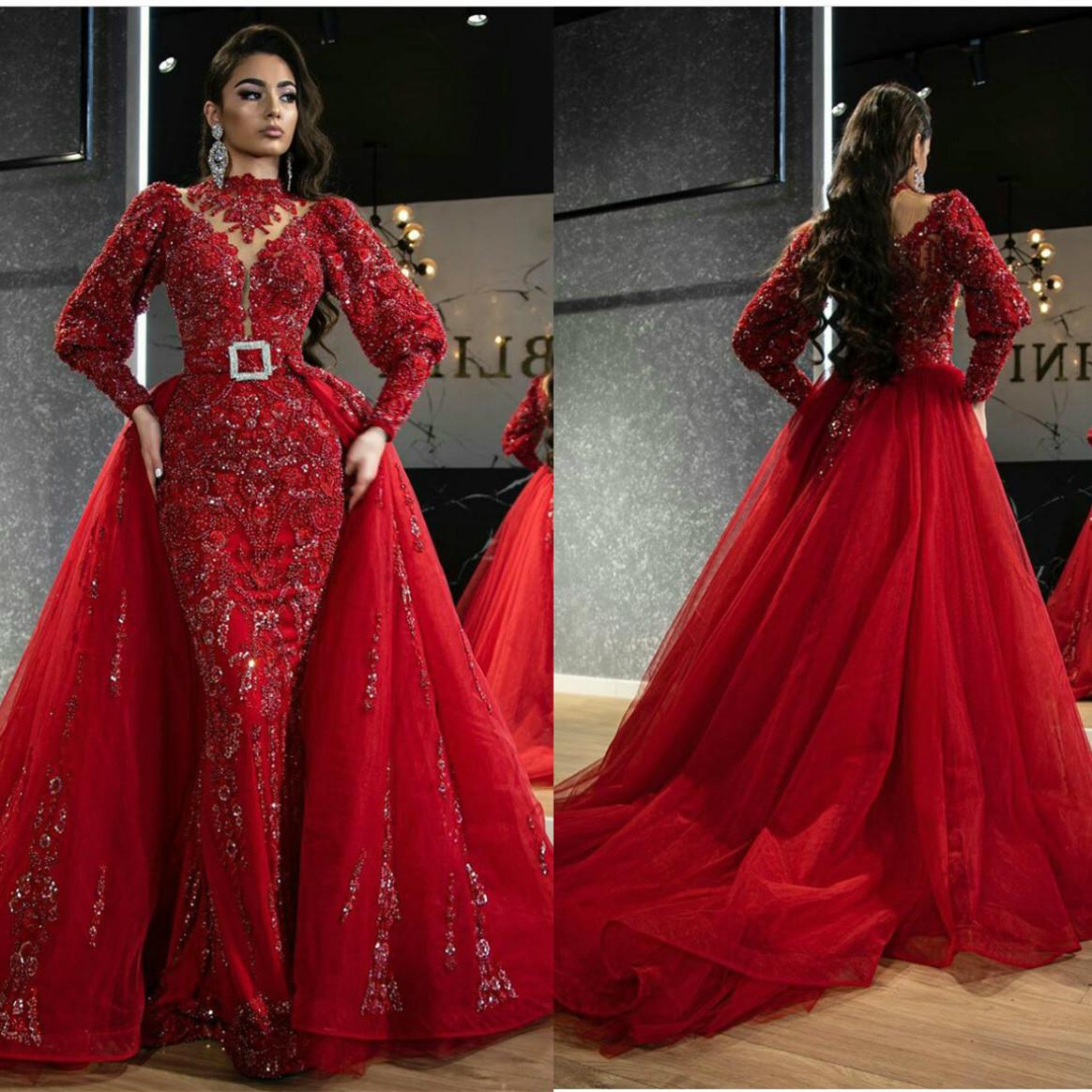 Elegant Mermaid Evening Dresses with Detachable Train High Collar Long Sleeves Lace Appliques Beaded Prom Dress Arabic Occasion Dress