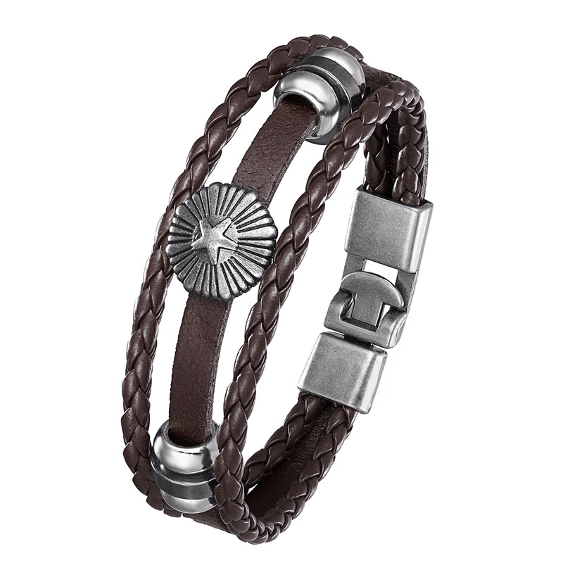 

2020 new style, men's fashion leather bracelet alloy pentagram multilayer braided rope bracelet for men and women