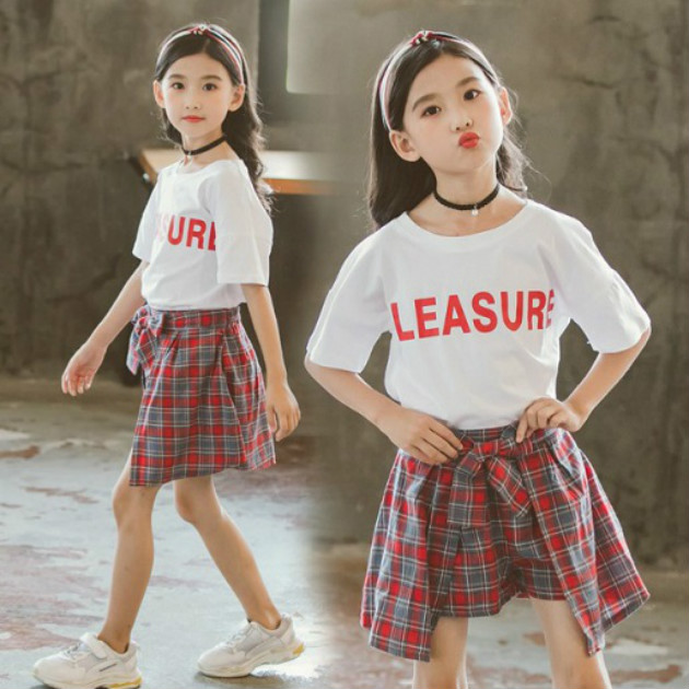

2020 Girl Designer Clothing Sets Kids Summer Brand Letter Print T-shirts + Plaid Skirts Two Pieces Girls Luxury New Breathable Clothing Sets, Yellow
