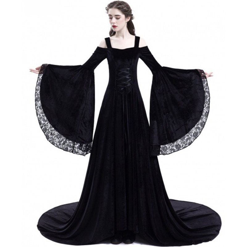 

Casual Dresses Rosetic Long Maxi Dress Renaissance Bandage Medieval Gown Elegant Goth Lace Flare Sleeve Slash Neck Retro Plus Size Female, Black