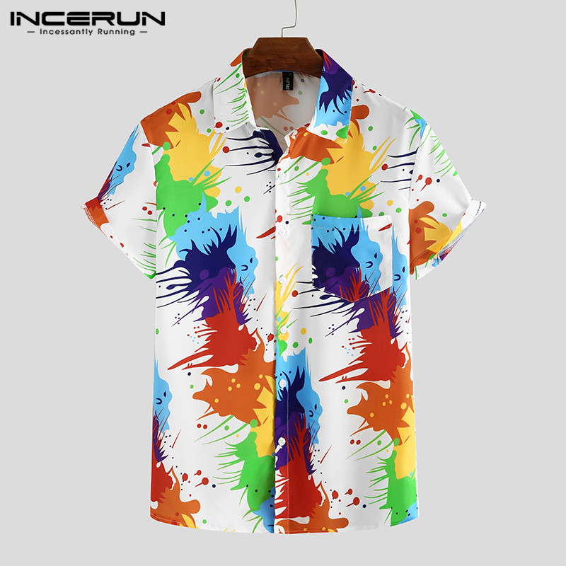 Summer Men Hawaiian Shirt Short Sleeve Lapel Vacation Casual Streetwear Blouse Colorful Printed 2020 Mens Shirts S-3XL INCERUN