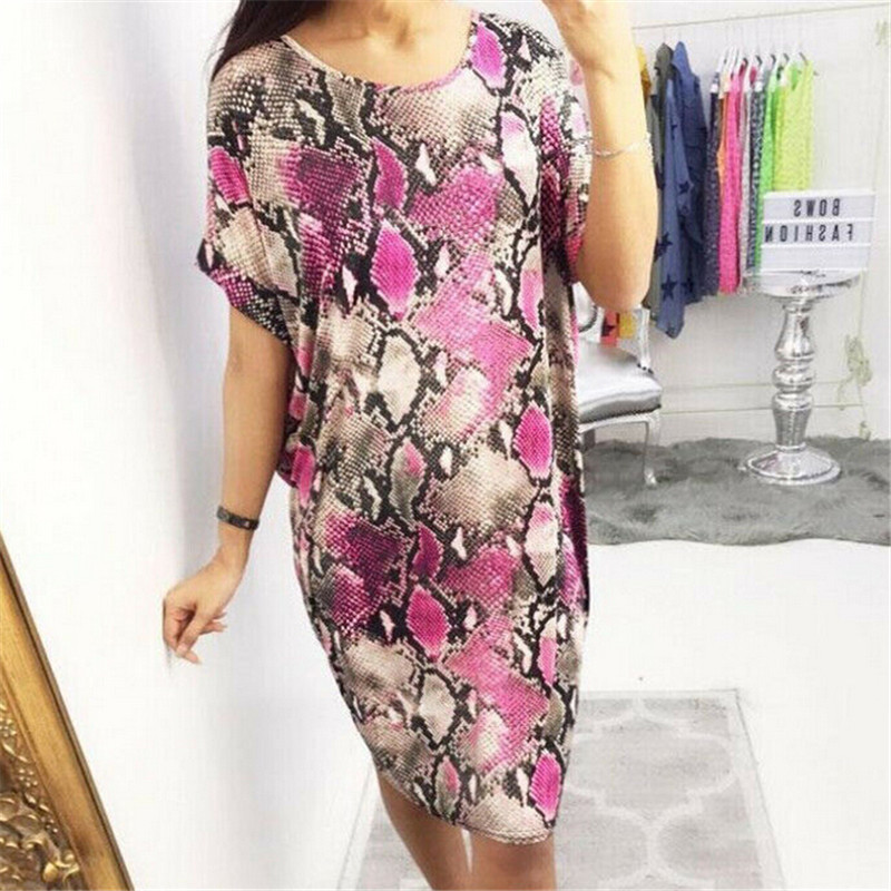 

Women Summer Loose Baggy Short Sleeve Vintage Snake Print Beach Boho Party Tunic Dress Fashion O-neck Holiday Sundress Vestidos, As photo show