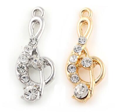

20PCS/lot 15x38mm (Golden,Silver Color) Rhinestones Music Note Pendant DIY Hang Charms Fit For Floating Dangle Locket Jewelrys