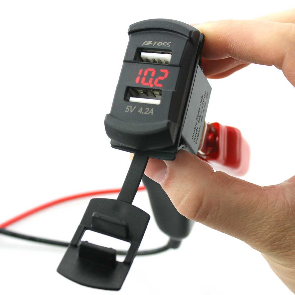 IZTOSS Car Dual USB Charger Socket Plug Rocker Style with Voltmeter Blue LED Light DC12-24V 4.2A-image-444982935