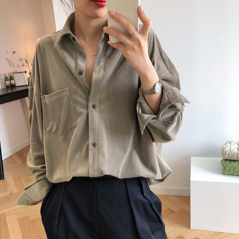 

2020 Women Corduroy Blouses Turn Down Collar Spring Womens Tops And Blouse Spring Vintage Shirts Blusas Roupa Feminina Clothes, Brown