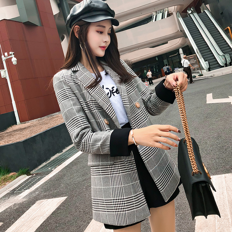 

Plaid Office Jacket High Quality Fashion Gray Women Long Blazer Casual Wear Long Sleeve Coat Lady Top with Pocket Plus Size, Gray plaid blazer