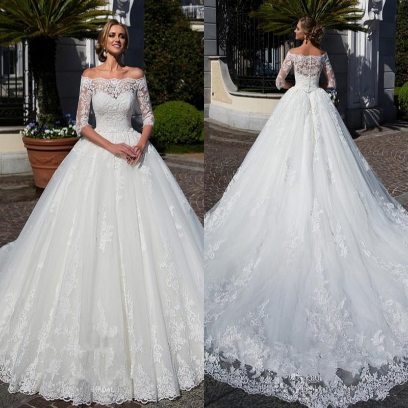 

Modest Half Sleeves Lace Wedding Dresses 2019 Arabic Sheer Off Shoulders Appliqued Sweep Train Bridal Gowns Formal Vestidos de novia, Black