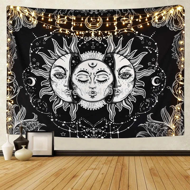 

White Black Sun Moon Mandala Tapestry 130*150cm Wall Hanging Celestial Wall Hippie Carpets Dorm Decor Psychedelic