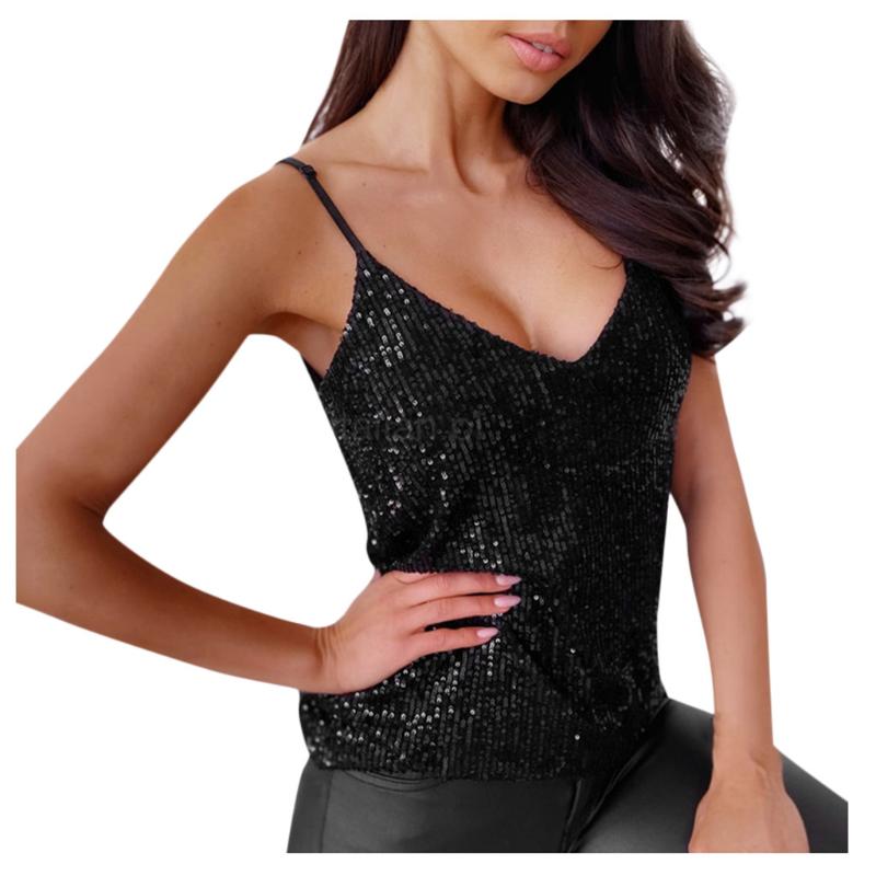 

Sequin top for women Glitter Slim Fit Sleeveless Strappy Tank Tops Cami Swing Vest Clubwear Camisole Top Sexy Sequin Sliver, Black