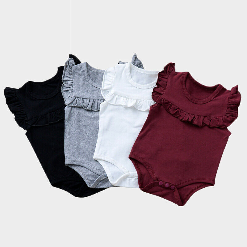 

0-18 Months Baby Boy Girl Bodysuit Jumpsuit Solid Ruffle Sleeveless Kids Costume Sunsuit Outfit Clothes Newborn, Black