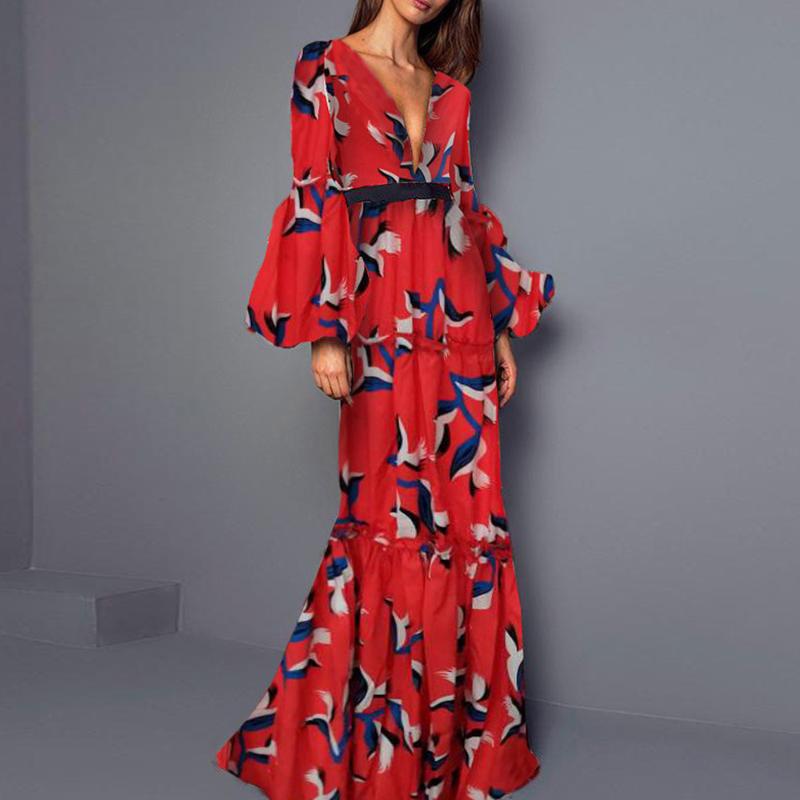 

Spring Lantern Sleeve Maxi Dress Red Vintage Print Plus Size Floor Length Women Party Long Dress Sexy V Neck Bohemian Vestidos