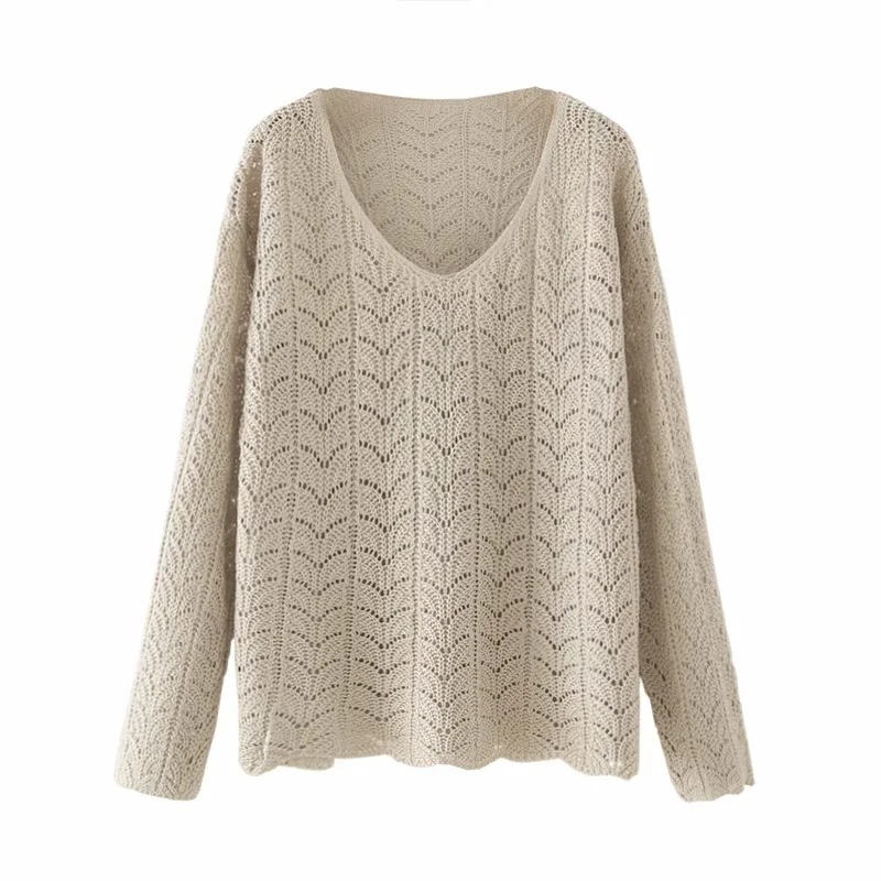 

Women New Autumn Chic Sweaters Vintage Loose V Neck Solid Color Hollow Out Lazy Style Knitted Pullovers Female Outwear Jumpers, Blue