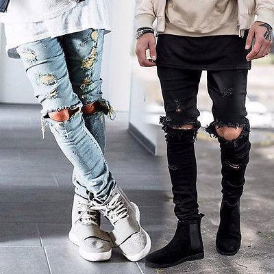 

Wholesale-Mens Ripped Skinny Straight Slim Elastic Denim Fit Biker Jeans Pants Long Pants Stylish Straight Slim Fit Jeans, Light blue