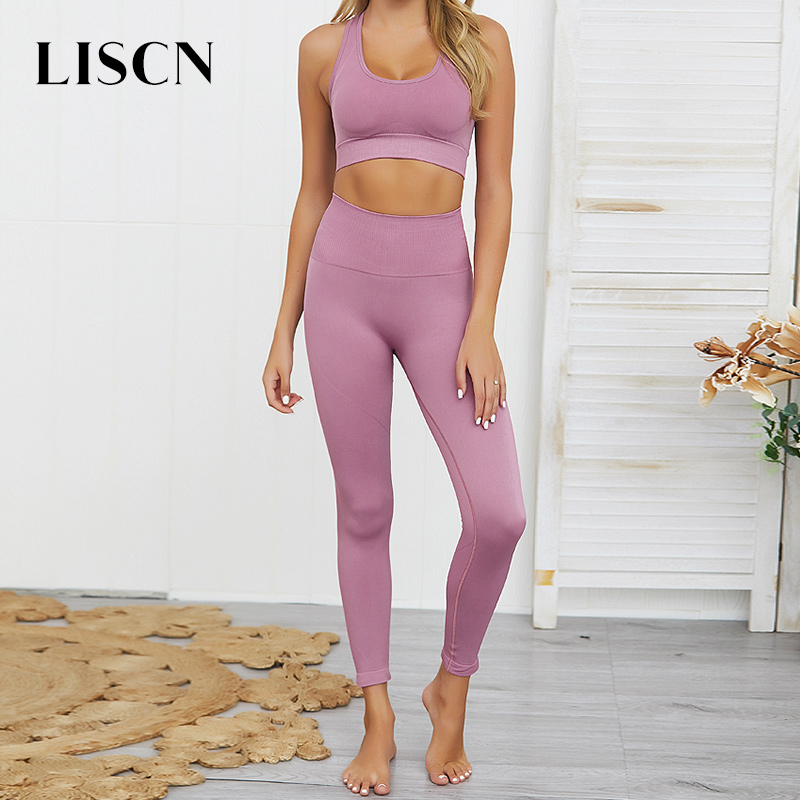 

LISCN 2 Pcs Sports Suits Seamless Yoga Set Women Fitness Clothing Sportswear Woman Gym Leggings Purple Sports Bra and Pants, Bra purple red