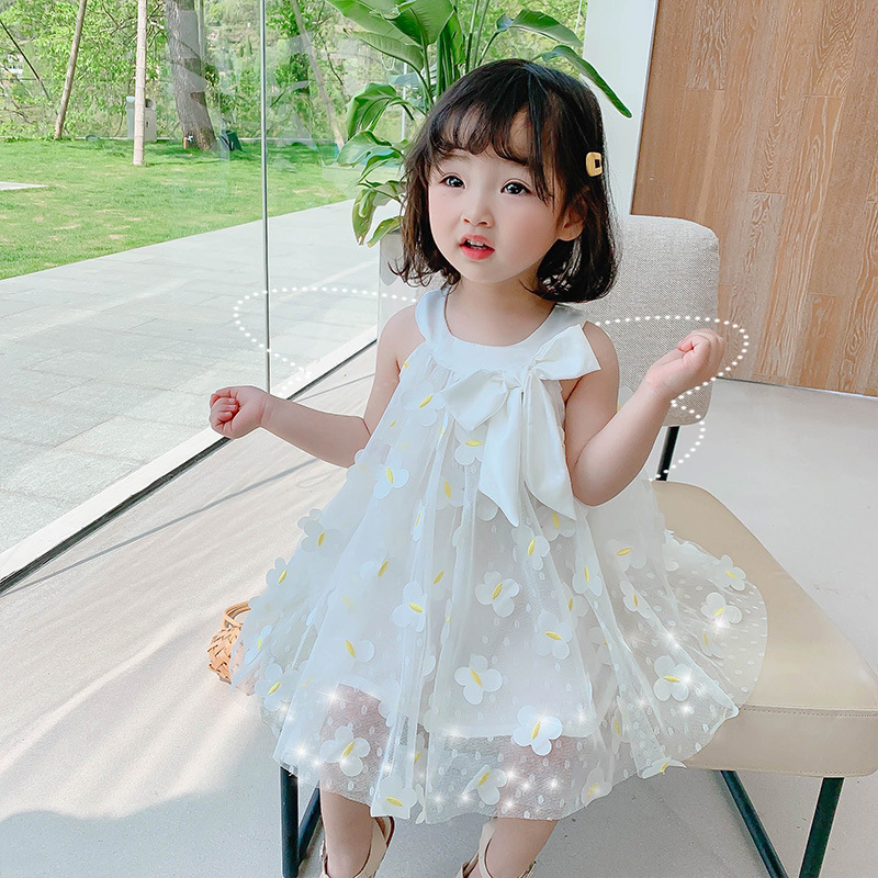 

Girls Dress Summer Girls Clothes Flowers Appliques Princess Dress Children Summer Clothes Baby Casual Wear with Bow, White
