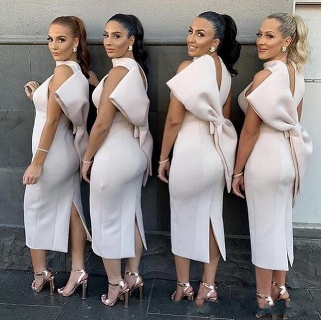 

2020 Elegant African Nigerian halter Satin Sheath Bridesmaid Dresses backless with big bow split Wedding Guest Maid Of Honor Dresses cheap, White;pink
