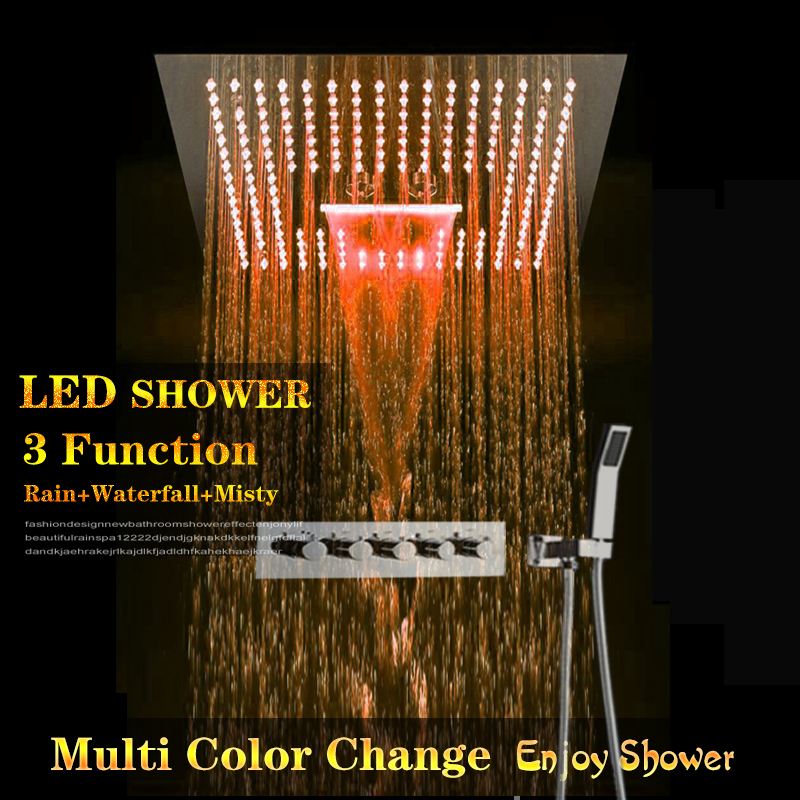 

304 SUS Chrome LED Shower Set Multi Functions Bath System Large Rainfall Panel +embeded box 4 Way hot cold diverter mixer valve+hand shower