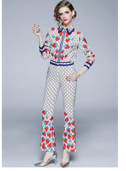 

Retro Lapel Strawberry Print Shirt High Waist Flare Pants, As the picture