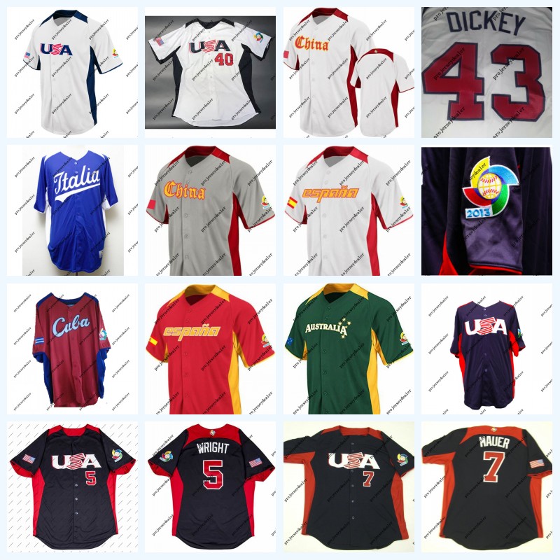 

2013 World Baseball Classic Team USA Spain Australia Cuba 5 David Wright 7 Joe Mauer 40 Cishek 43 DICKEY On Field Jersey, Cutom team spain red