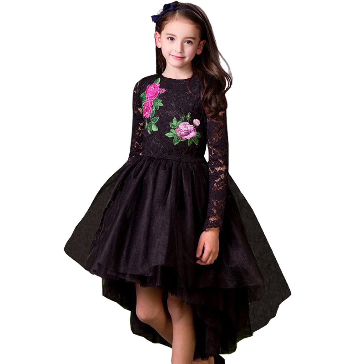

Retail girls dress baby girl lace flower embroidery mermaid black evening dresses kids party skirt tutu children boutique luxury clothing