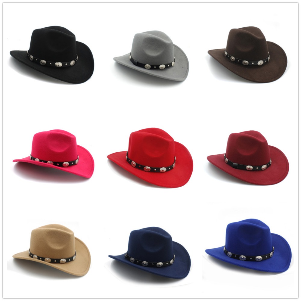 

Faux Wool Felt Women Men Western Cowboy Hat With Wide Brim Punk Leather Belt Jazz Cap, Red