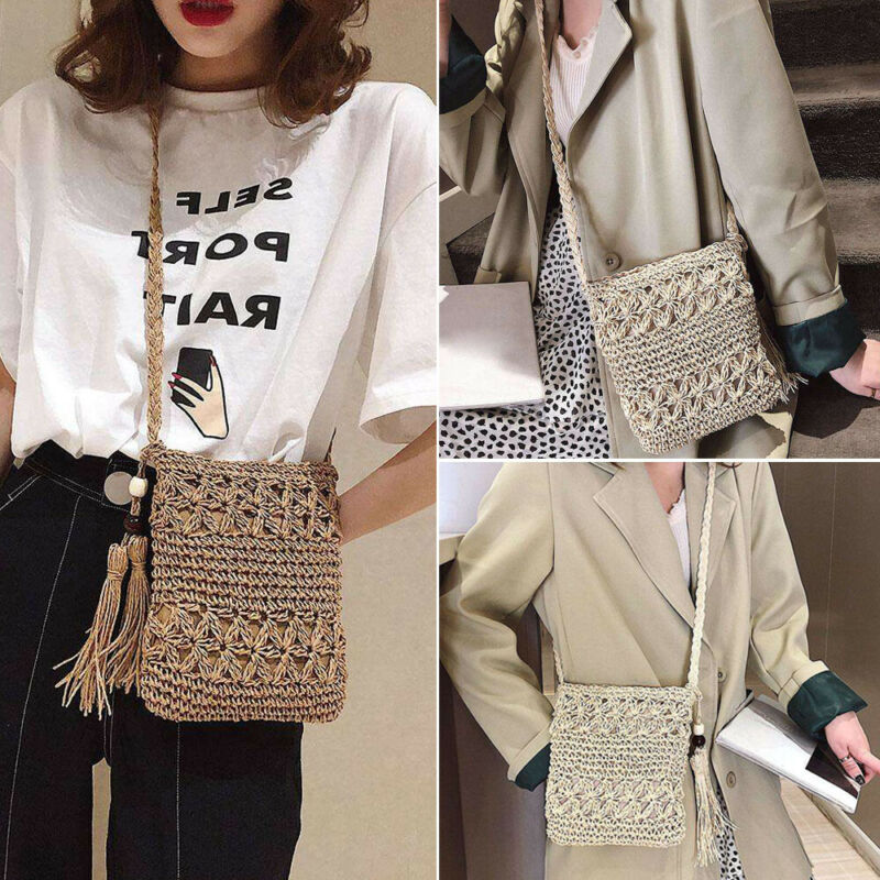

Ladies Girl Casual Straw Bag Summer Woven Bag Shoulder Tote Shoulder HandBag, Beige