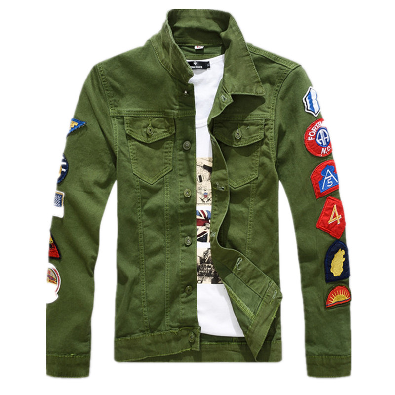 

Fashion Mens Denim Jackets Patchwork Single Breasted Jeans Coat White Green