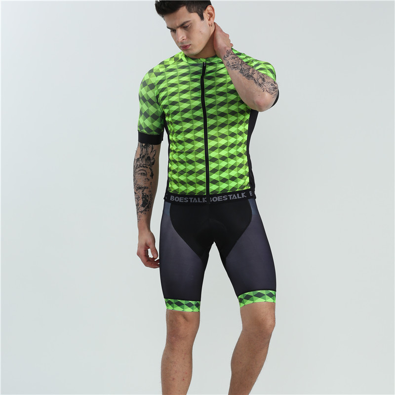 

boestalk team bicycle race clothing green men's summer short sleeve suit road mountain biking sportswear gel cushion, Jersey