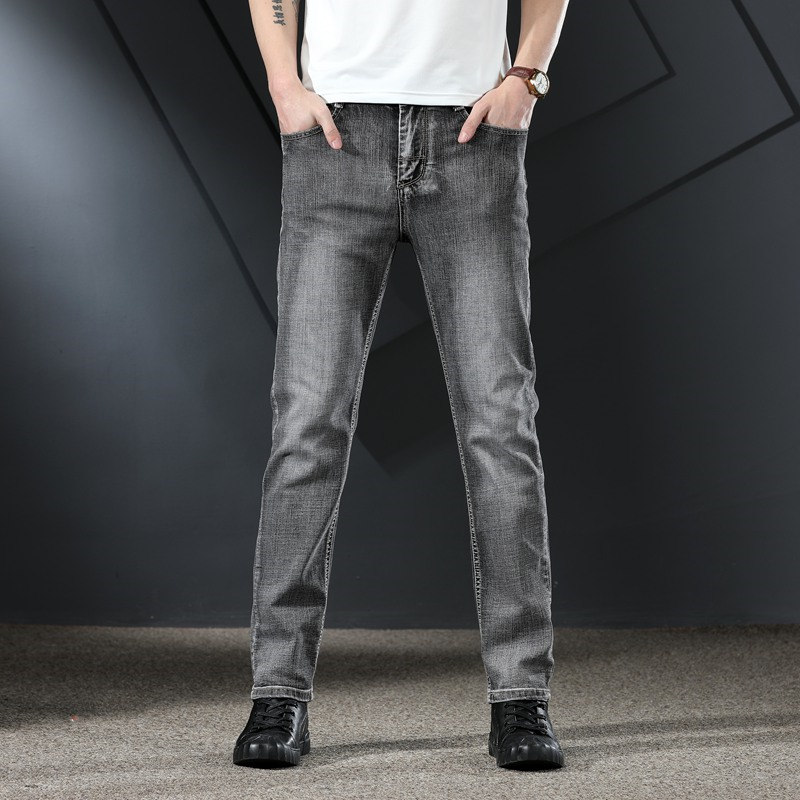 

Men Straight Jeans Smart Casual Gray Long Jeans New Men Cotton Elastic Denim High Quality Solid Designer Size 38