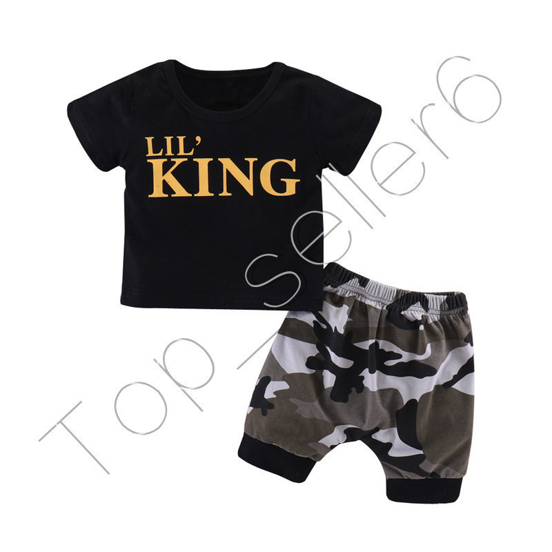 i-Auto Time 2Pc Baby Boys Clothes King Crown T-Shirt Tops+Camouflage Pants Outfit Set