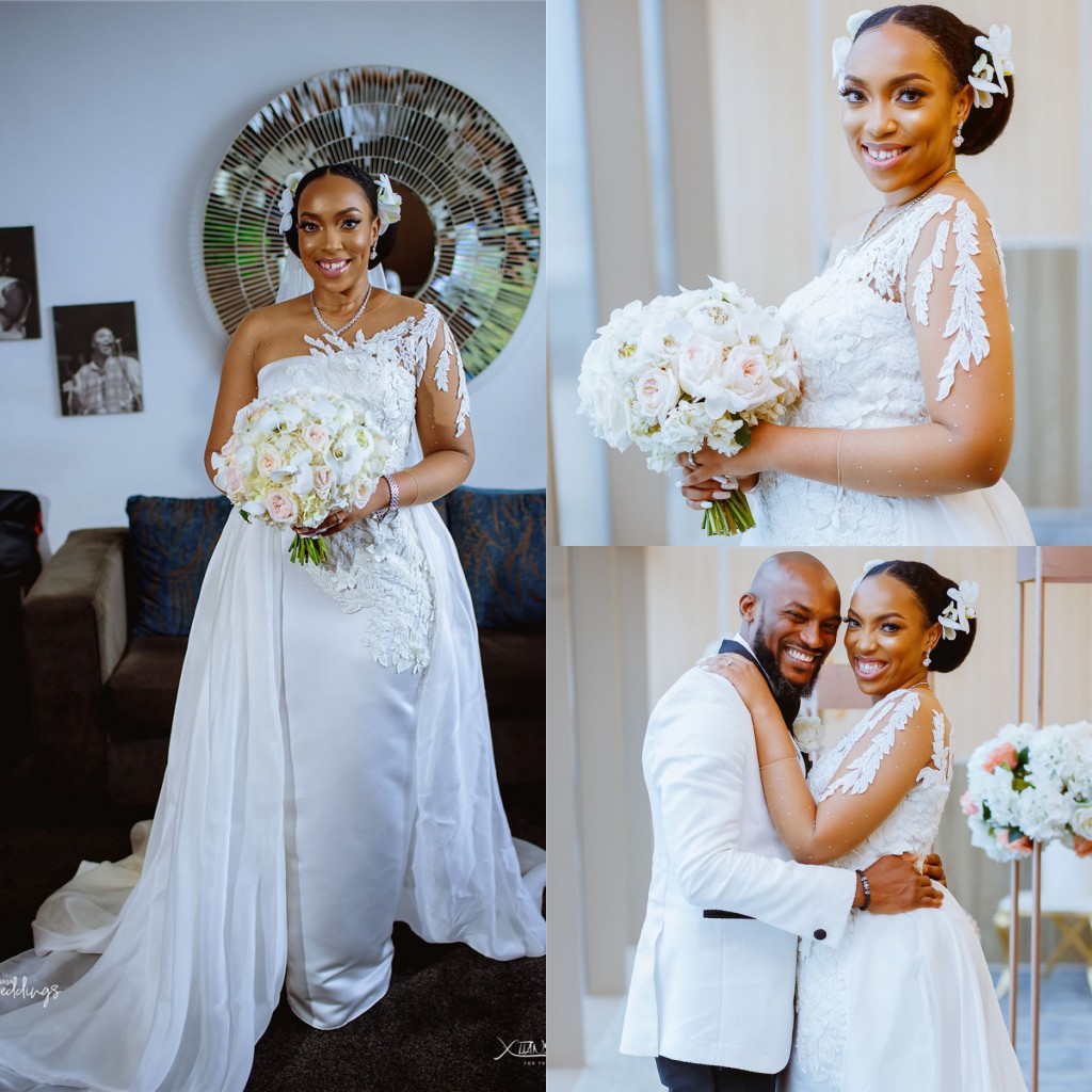 

African One Shoulder Mermaid Wedding Dresses With Detachable Train Plus Size Lace Appliqued Long Sleeves Bridal Gown, Ivory