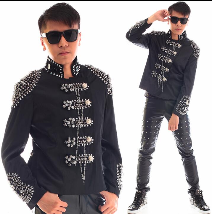 

Black manual Diamond clothes men suits designs stage costumes for singers jacket men sequins blazer dance star style dress punk