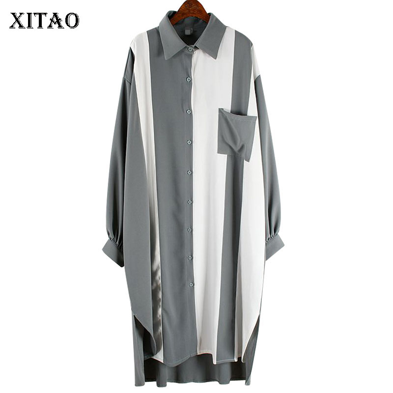 

XITAO Contrast Dresses Plus Size Long Sleeve Single-breasted Chiffon Dresses Spring 2020 New Fashion Tops Women Clothes XJ3565, See pucture xj3565