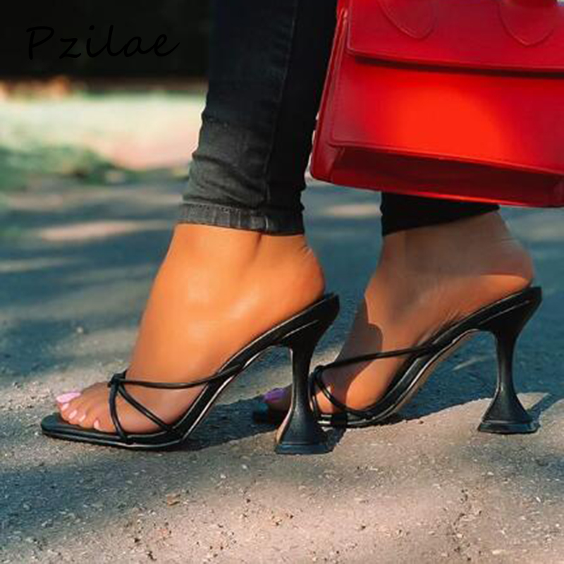

Pzilae Summer new design flip flops square toe heels high quality PU leather slippers gladiator sandal womens slides shoes black