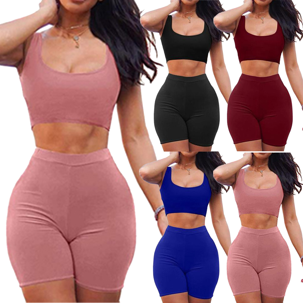 Bodycon Sexy Summer Femmes Deux pièces Robe de Crop Top Jupe Set à manches courtes Tenues Vêtements Solide Couleur Set Taille S-XL