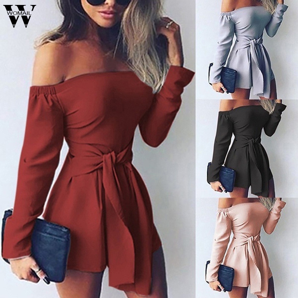 

Womail Jumpsuit Women's Playsuit Summer Fashion Sexy Solid Bandage Off Shoulder Long Sleeve Easy Short Jumpsuit 2019 May14, Pk