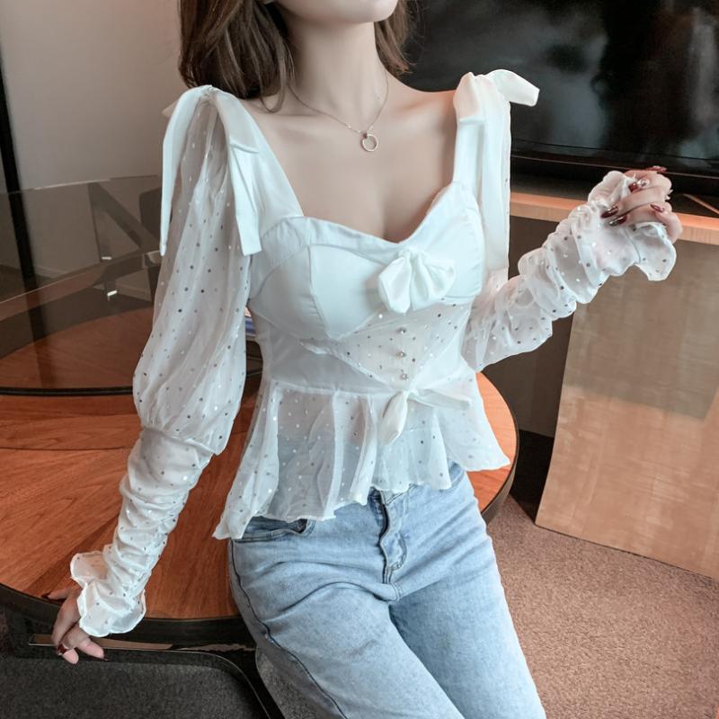 

Neploe Sexy V-neck Short Top Blouses 2020 Spring Pleated Long Puff Sleeve Ruffle Shirt Korean Women Chiffon Blusas 59019, Black