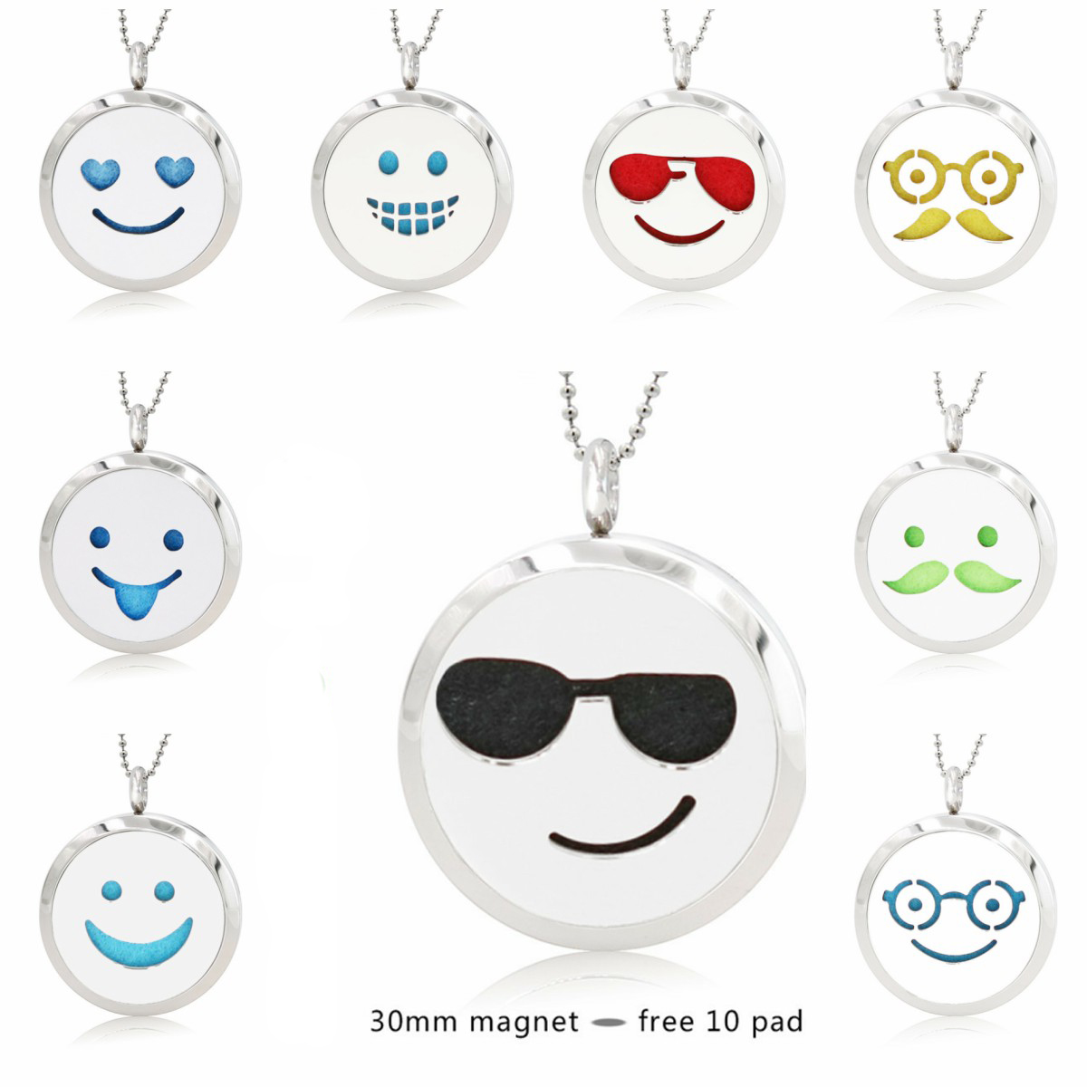 

Face expression 30mm Magnet Stainless Steel Diffuser Necklace Pendant Essential Oil Aromatherapy Perfume locket 10 Pads (no chain), Silver